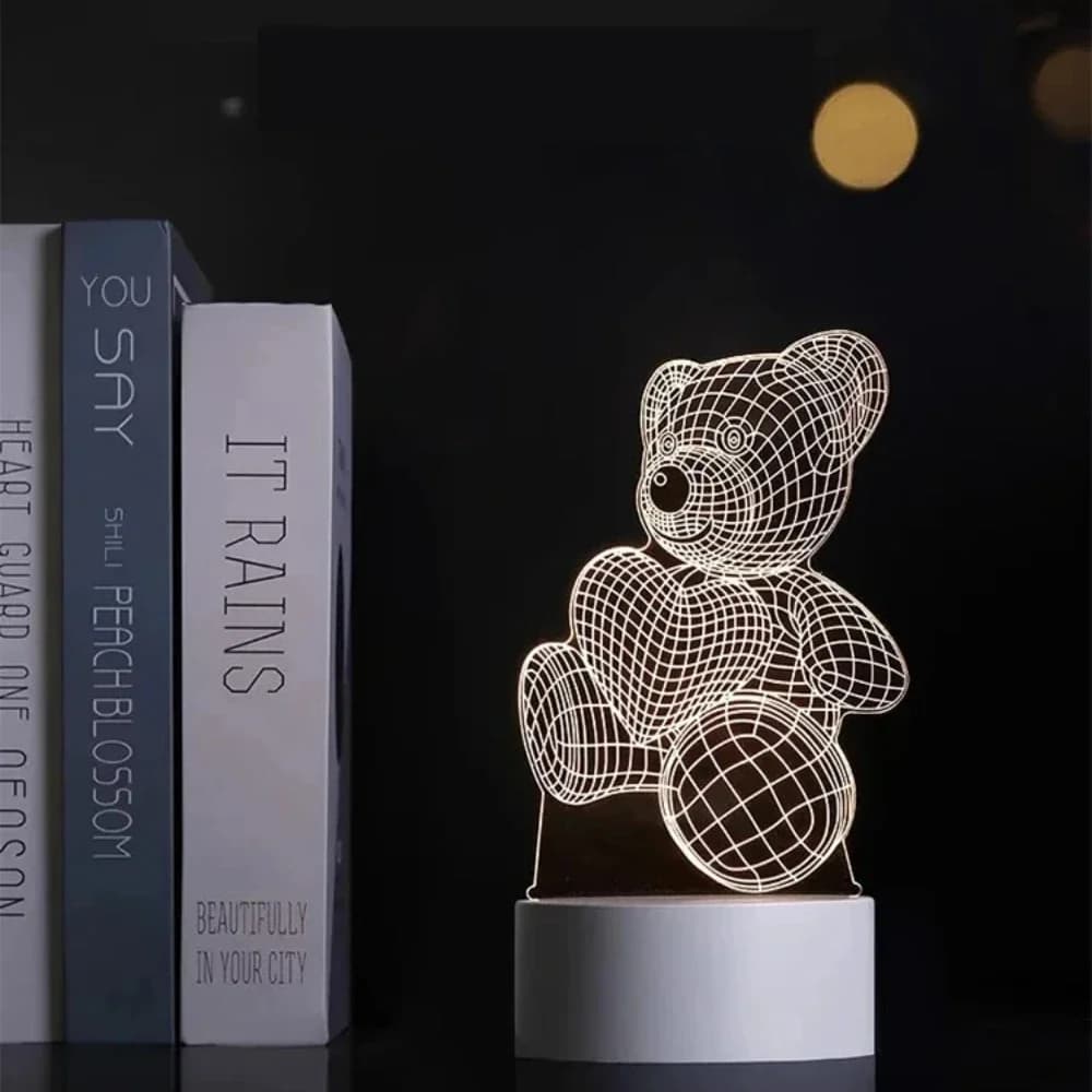 3D meškučio formos naktinė lemputė, šiltai balta USB maitinimo akralinė plokštė
