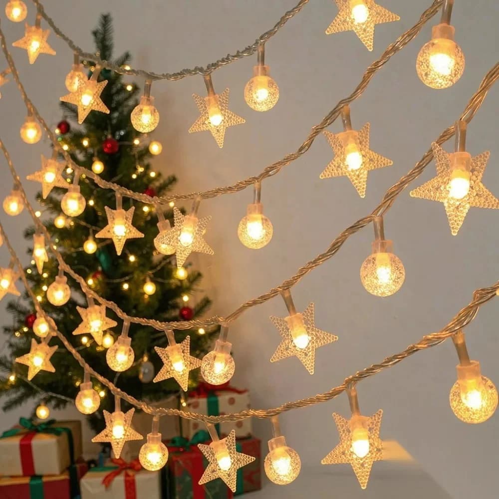 Saulės energijos žvaigždžių ir rutuliukų girlianda, šiltai balta / multicolor