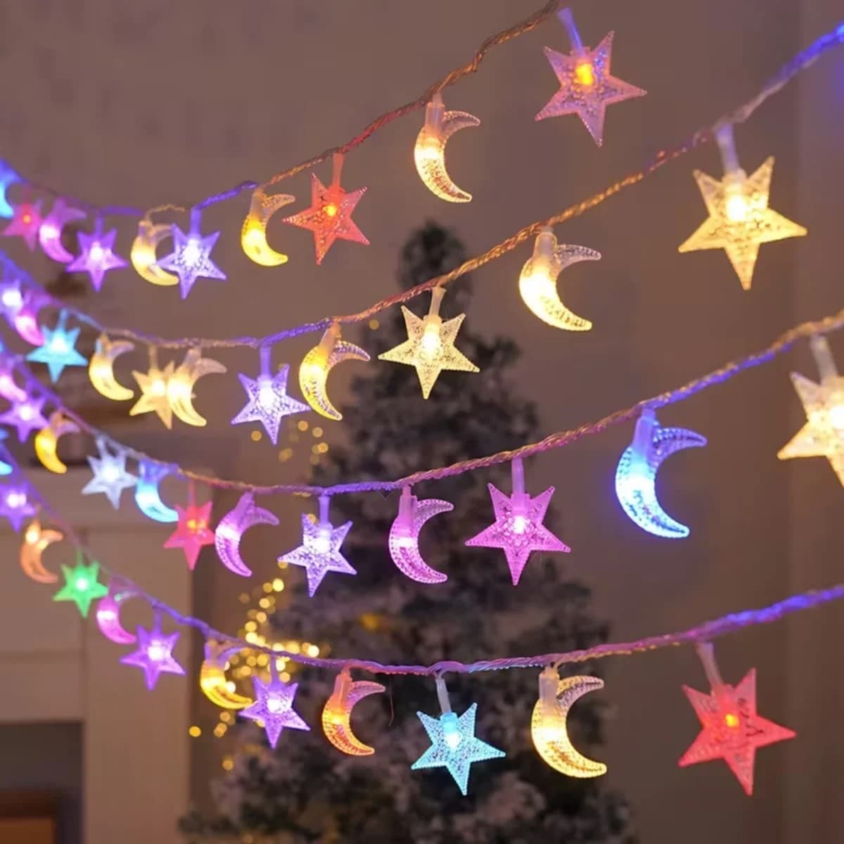 Saulės žvaigždžių ir mėnulio girliandos šiltai baltos multicolor