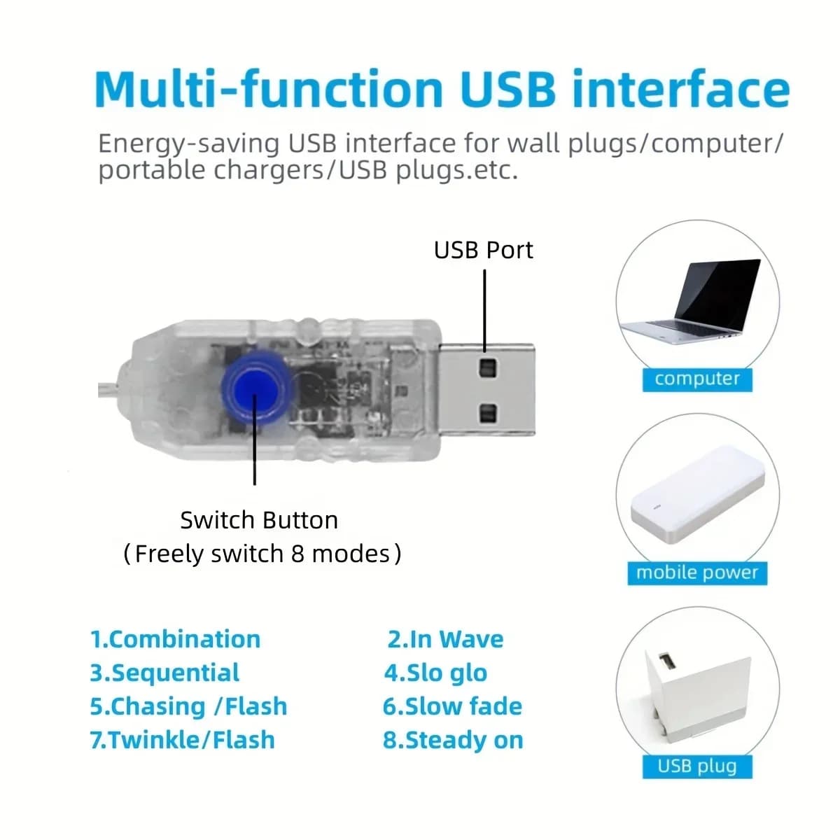 USB LED krioklio formos apšvietimo laidai, šilta balta ir spalvota