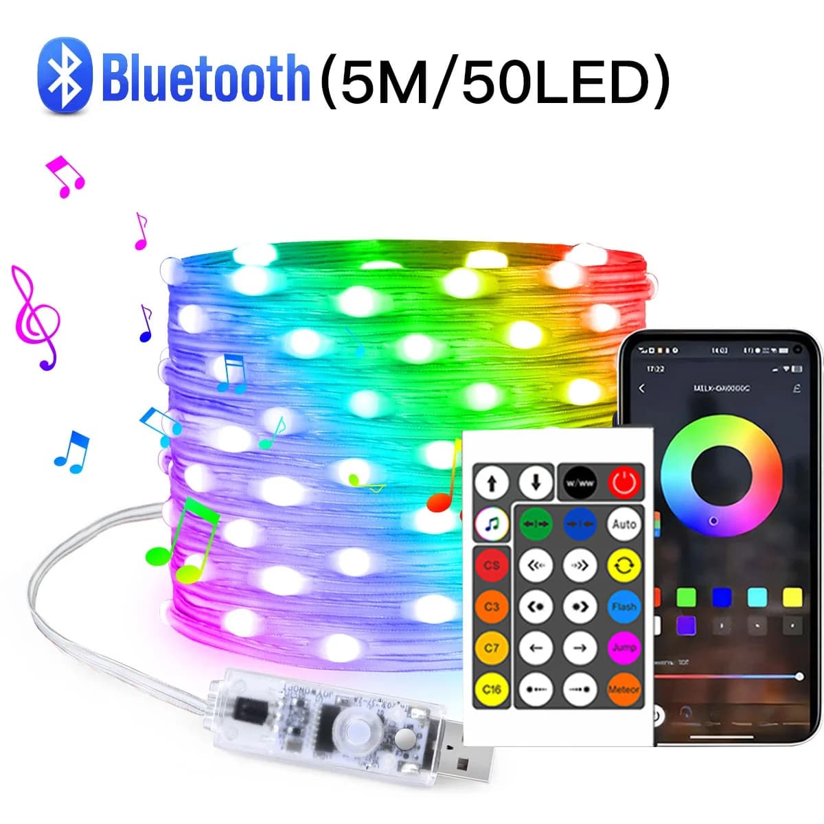 USB Bluetooth nuotolinio valdymo spalvotos LED varpų girliandos