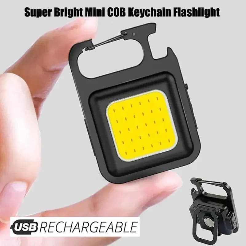 Mini įkraunamas COB LED raktų pakabukas žibintuvėlis su atidarytuvu